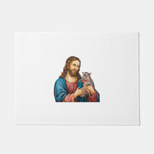 Faith and Fun Moo Deng the Hippo Held by Jesus Tan Doormat
