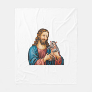Faith and Fun Moo Deng the Hippo Held by Jesus Tan Fleece Blanket