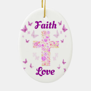 Faith and Love Cross of Roses with Pink Butterflie Ceramic Ornament