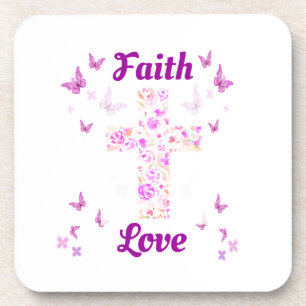 Faith and Love Cross of Roses with Pink Butterflie Coaster