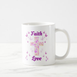 Faith and Love Cross of Roses with Pink Butterflie Coffee Mug