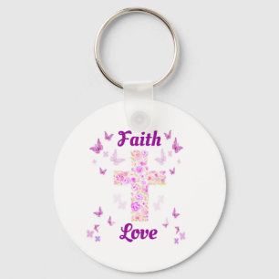 Faith and Love Cross of Roses with Pink Butterflie Key Ring