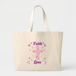 Faith and Love Cross of Roses with Pink Butterflie Large Tote Bag