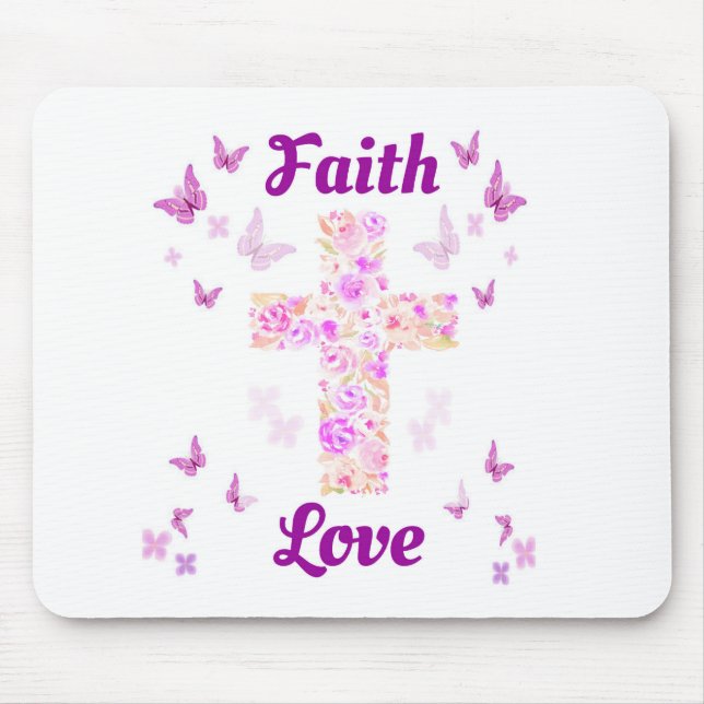 Faith and Love Cross of Roses with Pink Butterflie Mouse Pad (Front)