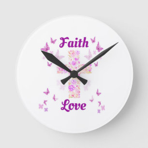 Faith and Love Cross of Roses with Pink Butterflie Round Clock