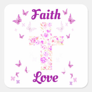 Faith and Love Cross of Roses with Pink Butterflie Square Sticker