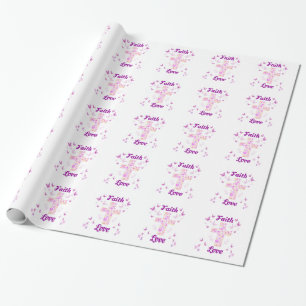 Faith and Love Cross of Roses with Pink Butterflie Wrapping Paper