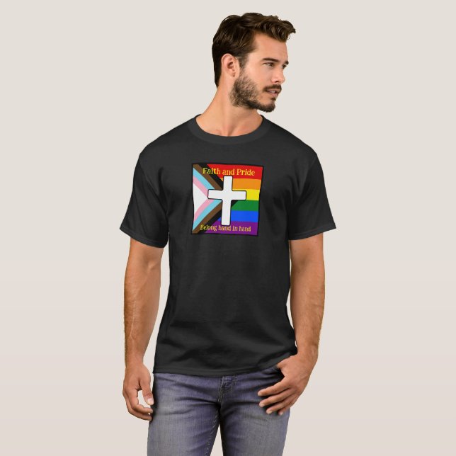 Faith and Pride Belong Huge Progress Pride Flag T-Shirt (Front Full)