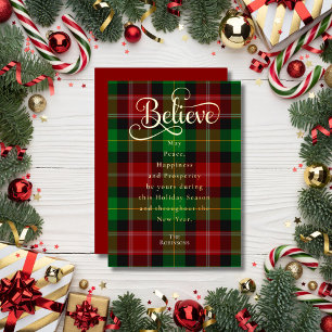 Faith Believe Red Green Christmas Scottish Tartan Foil Holiday Card