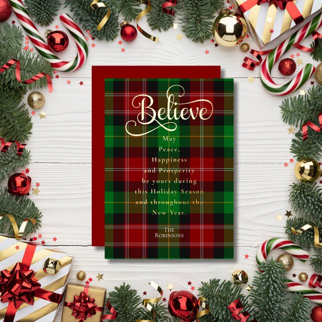 Faith Believe Red Green Christmas Scottish Tartan Foil Holiday Card (Creator Uploaded)