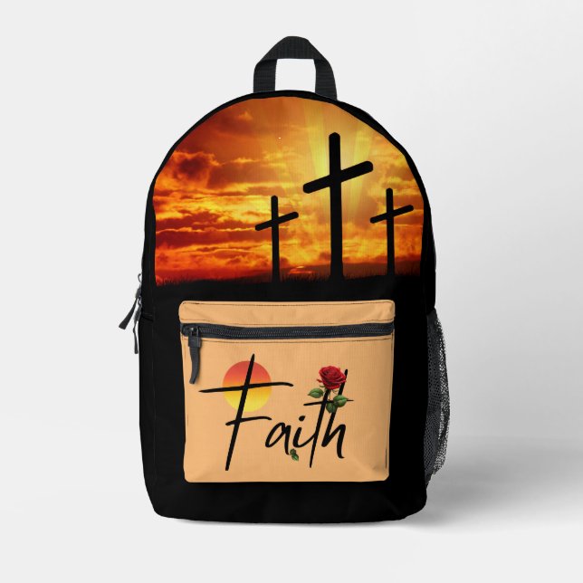 Faith Black Typography With Rose And Cross Printed Backpack (Front)
