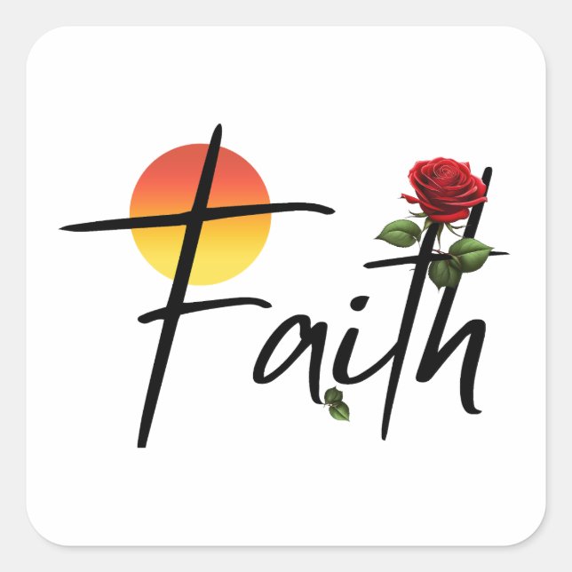 Faith Black Typography With Rose Square Sticker (Front)
