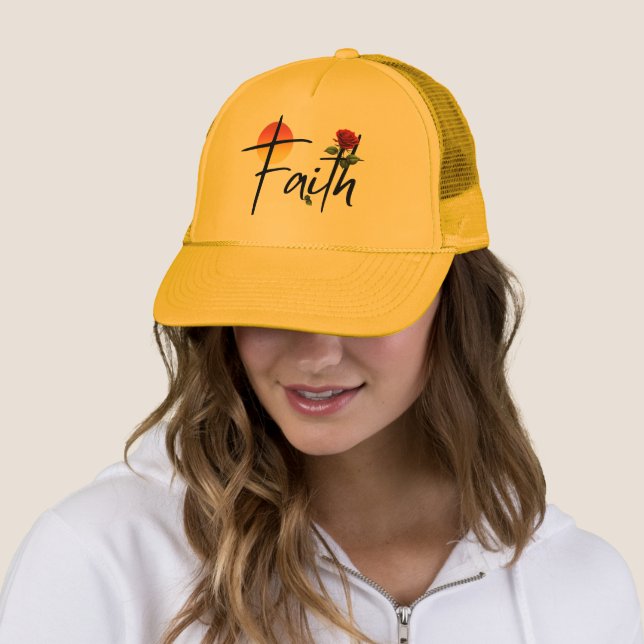 Faith Black Typography With Rose Trucker Hat (In Situ)