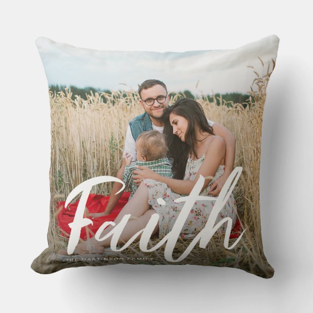 Faith Brush Script in White with Photo and Name Cushion (Front)
