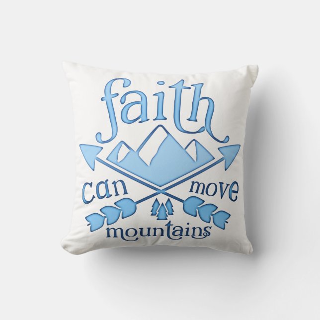 Faith can move Mountains Blue Typography Cushion (Front)