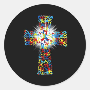 Faith Christian Cross Ribbon Puzzle Autism Awarene Classic Round Sticker