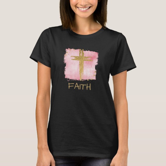 *~* FAITH Christian PinK Cross Gold Glitter T-Shirt (Front)
