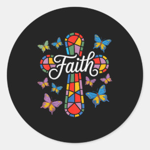 Faith Cross Butterflies And Flowers Christian Classic Round Sticker