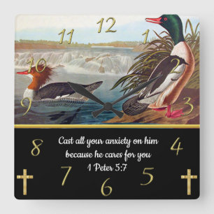 Faith cross with two ducks 1 Peter 5:7 Square Wall Clock