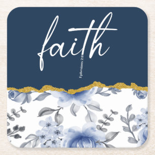 Faith Ephesians 2:8 Navy & Blue Floral Christian Square Paper Coaster