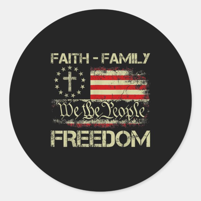 Faith Family Dom Patriotic Christian Cross America Classic Round Sticker (Front)