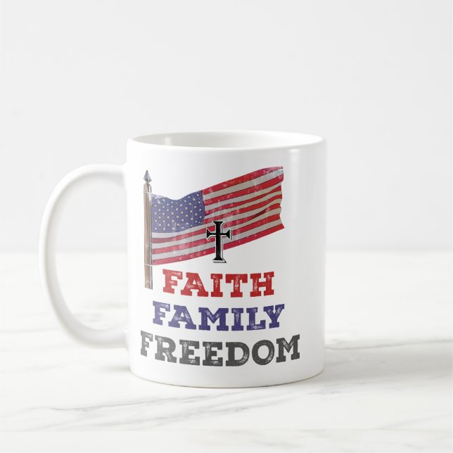 Faith Family Freedom Cross With Flag Coffee Mug (Left)
