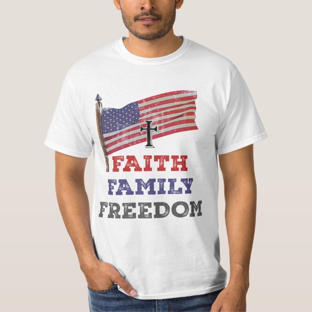 Faith Family Freedom Cross With Flag T-Shirt (Front)