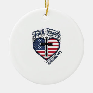 Faith Family Freedom Patriotic Cross Heart Shirt D Ceramic Ornament