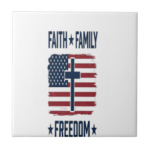 Faith Family Freedom Patriotic Cross USA Flag Vect Ceramic Tile
