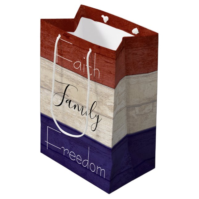 Faith family freedom patriotic wood   medium gift bag (Front Angled)