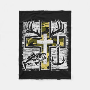 Faith Fishing Hunting Camo Cross B Hook Christian Fleece Blanket