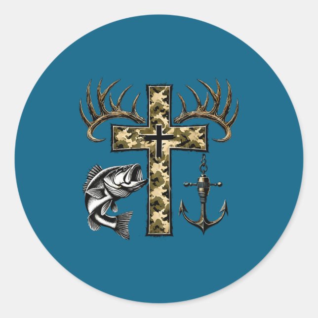 Faith Fishing Hunting Camo Cross With Hook B Chris Classic Round Sticker (Front)