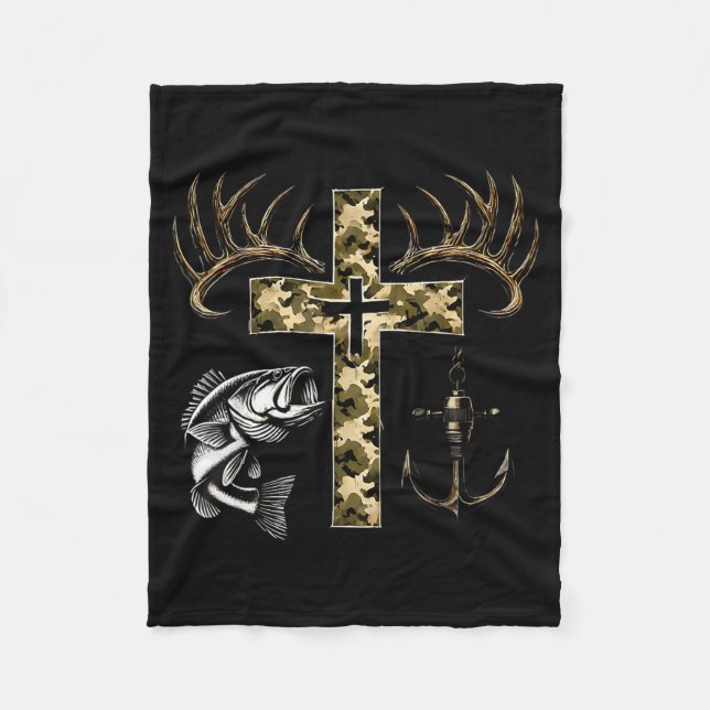 Faith Fishing Hunting Camo Cross With Hook B Chris Fleece Blanket (Front)
