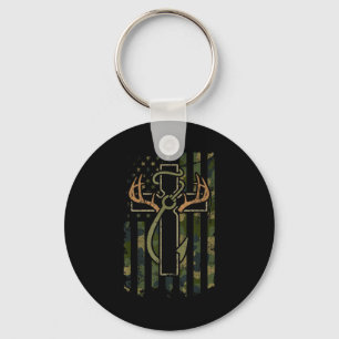 Faith Fishing Hunting Camo Us Flag Cross With Hook Key Ring