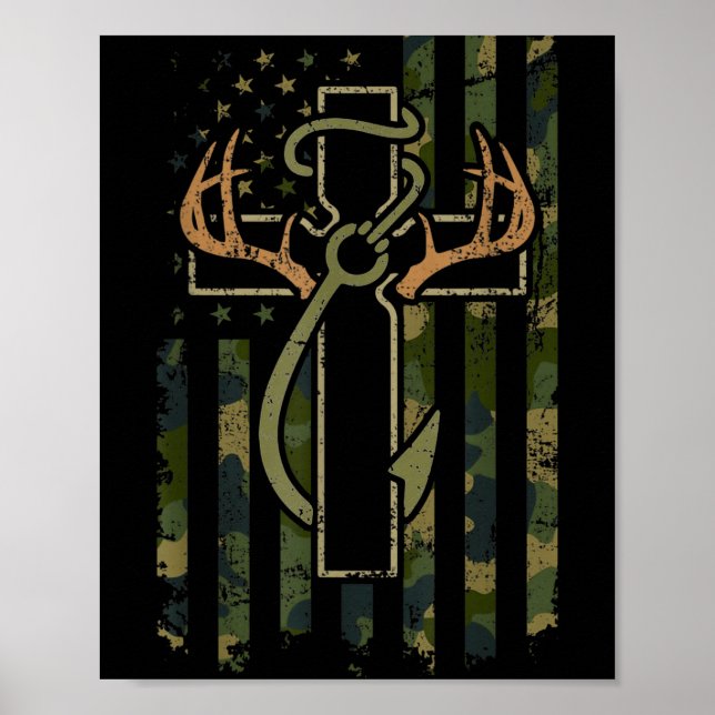 Faith Fishing Hunting Camo Us Flag Cross With Hook Poster (Front)