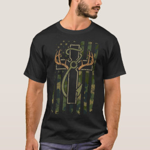Faith Fishing Hunting Camo Us Flag Cross With Hook T-Shirt