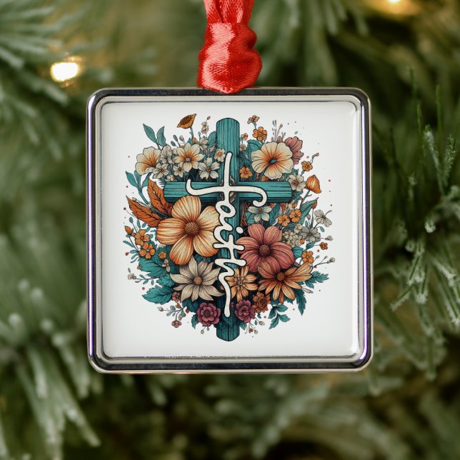 Faith Flowers Cross Religious Christian Christmas Metal Ornament (Tree)