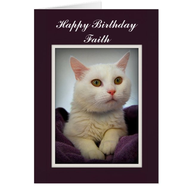 Faith Happy Birthday White Cat Card (Front)