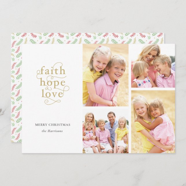 Faith Hope Love 4-Photo Collage Family Christmas Holiday Card (Front/Back)