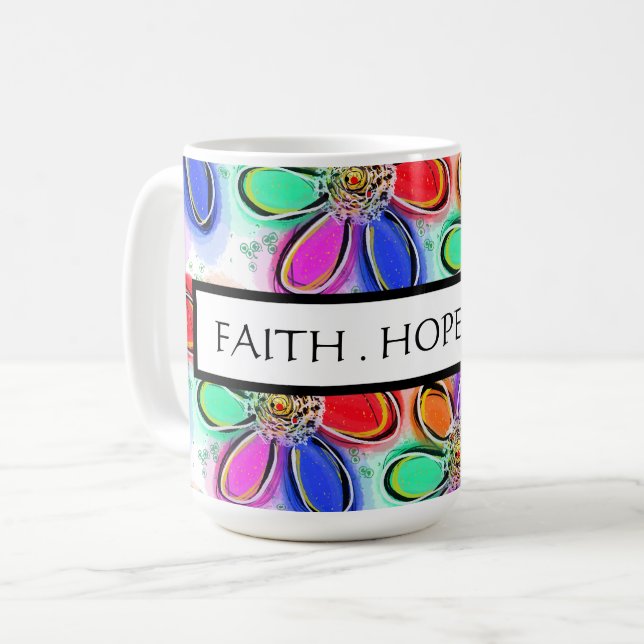 Faith Hope Love Artsy Watercolor Flowers Pattern Coffee Mug (Front Left)