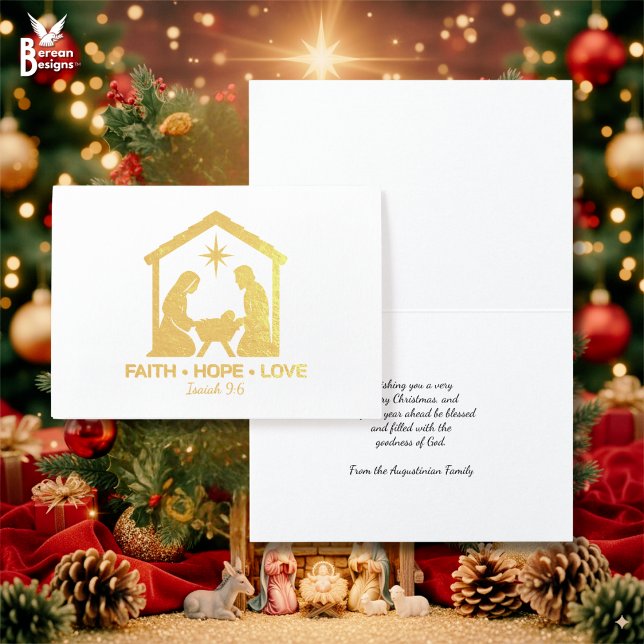 FAITH HOPE LOVE Christian Christmas Nativity Gold Foil Card (Stylish gold foil Christian Christmas Nativity card based on FAITH HOPE LOVE. Customizable text.)