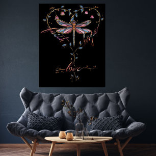 Faith Hope Love Dragonfly Floral Heart Black Poster