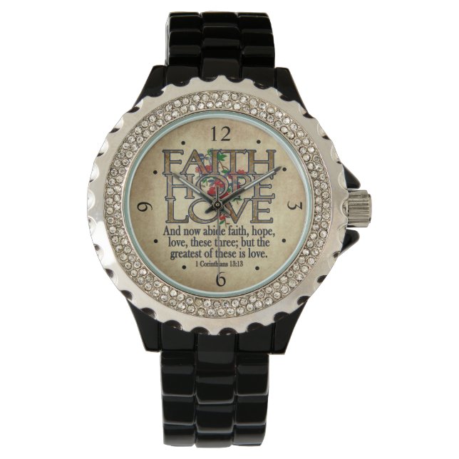 Faith Hope Love Elegant Bible Scripture Christian Watch (Front)