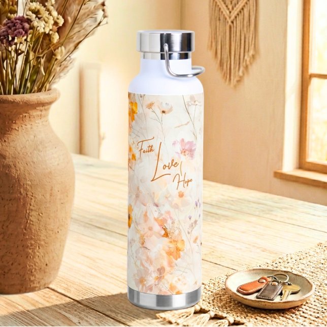 Faith Hope Love Elegant Floral Watercolor Water Bottle (Creator Uploaded)
