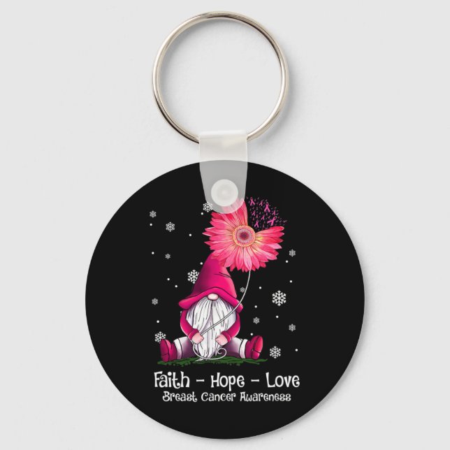 Faith Hope Love Gnome Pink Sunflower Breast Cancer Key Ring (Front)