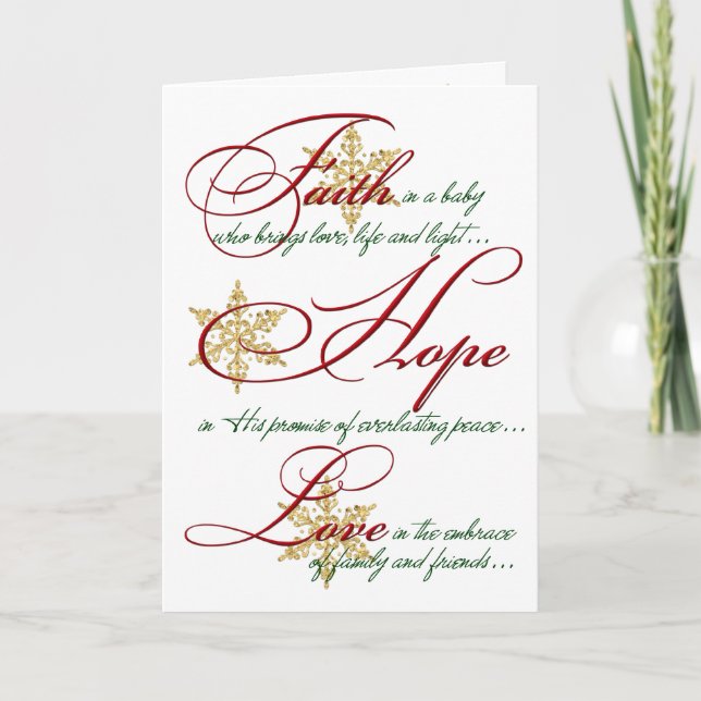 Faith, Hope, Love Gold Snowflakes Christmas Card (Front)