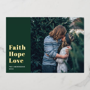 Faith Hope Love. Green gold Christmas religious Foil Holiday Card
