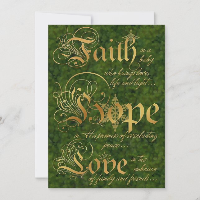 Faith, Hope, Love Green Gold Photo Christmas Card (Front)