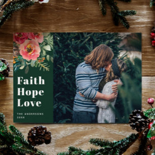 Faith Hope Love Green Religious Christmas Photo Holiday Card