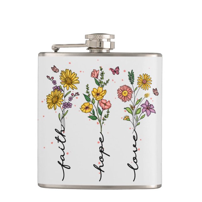 "Faith-Hope-Love" | Inspiring Floral Design Hip Flask (Front)